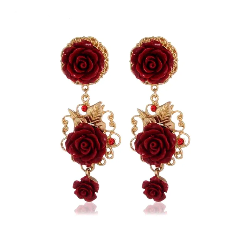 new Baroque Vintage Dark Red Flower Dangle Earrings metal hollow Gold color Bride Party Drop Long Earrings