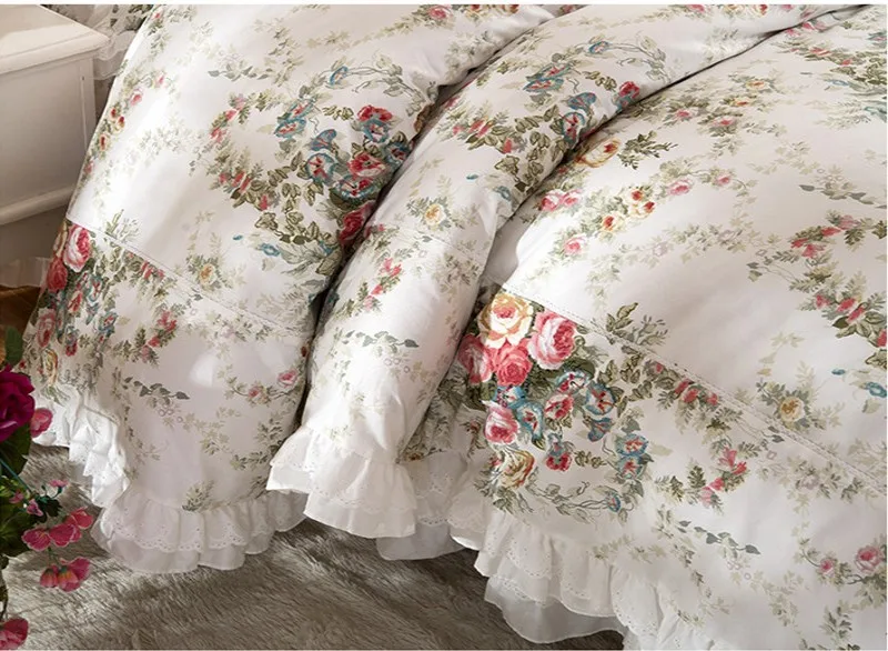 Flowers Print Ruffle Bedding Quilt Cover Set 100% Cotton Comforter/Duvet Cover Pillowcases Princess Bedclothes Home Textiles