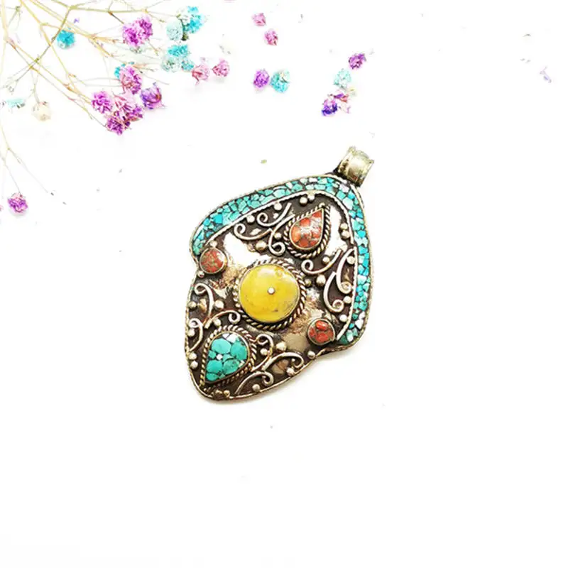 Vintage Metal Pendant Tibetan Jewelry Copper Inlay Colorful Stone Big Pendants TBP519