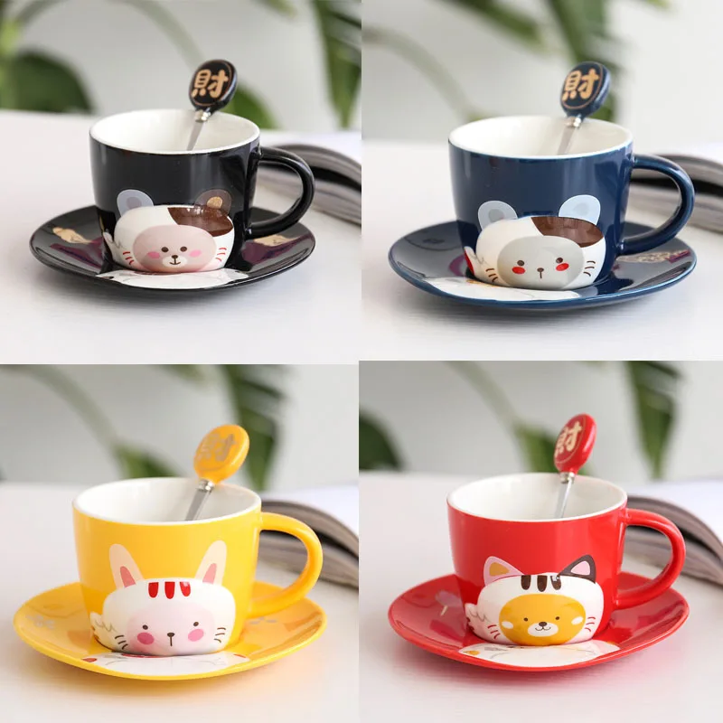 

250ML European style Embossed Animal Lucky Cat Coffee Cup Creative Ceramic Mug Water Cup For Lady Lovers Women Boy And Girls