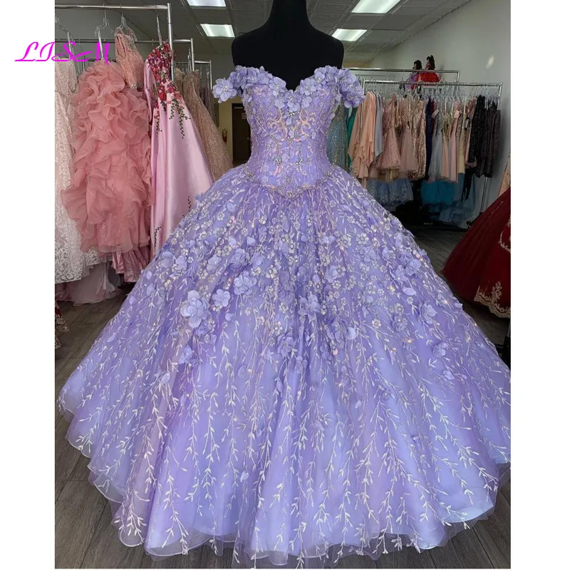 Vestido De 15 Anos Lila Quinceanera Kleider mit Mantel Spitze Applqiued Korsett Süße 16 Kleid Luxus 3D Blumen Prom Kleid