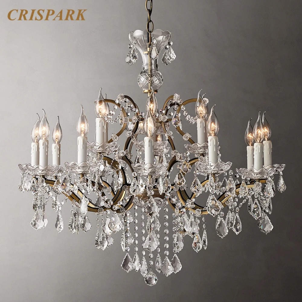 

19th C. Rococo Iron & Crystal Round Chandelier LED Brass Candle Chandelier Lights Raindrop Crystal Chandeliers for Living Room