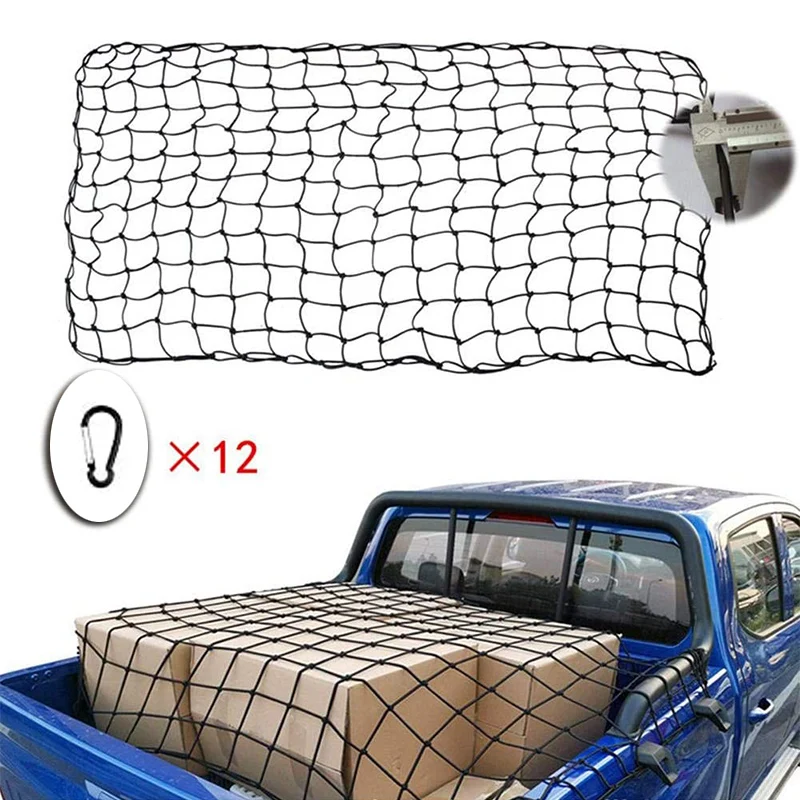 Super Duty Bungee Cargo Net For Truck Bed Stretches To 12 Tangle-Free D Clip Carabiners Small And Large Loads Tighter