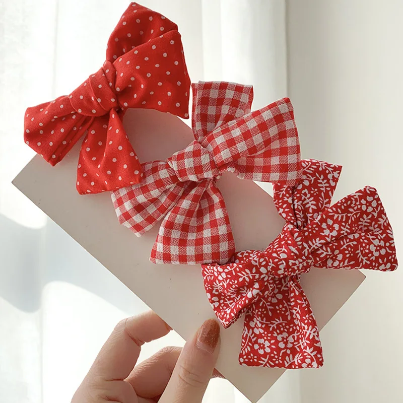 Girls Red Floral Bow Hair Clips Cute Dots Hairpin Printed Flower Plaid Clip Headwear Accessories for Baby Girls