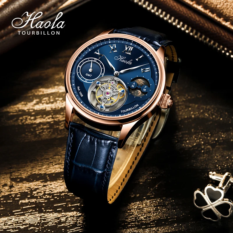 Imagem -05 - Haofa-gmt Moonphase Tourbillon Relógio Masculino Multifunções Movimento Mecânico Manual Relógio de Pulso Casual Safira 1038