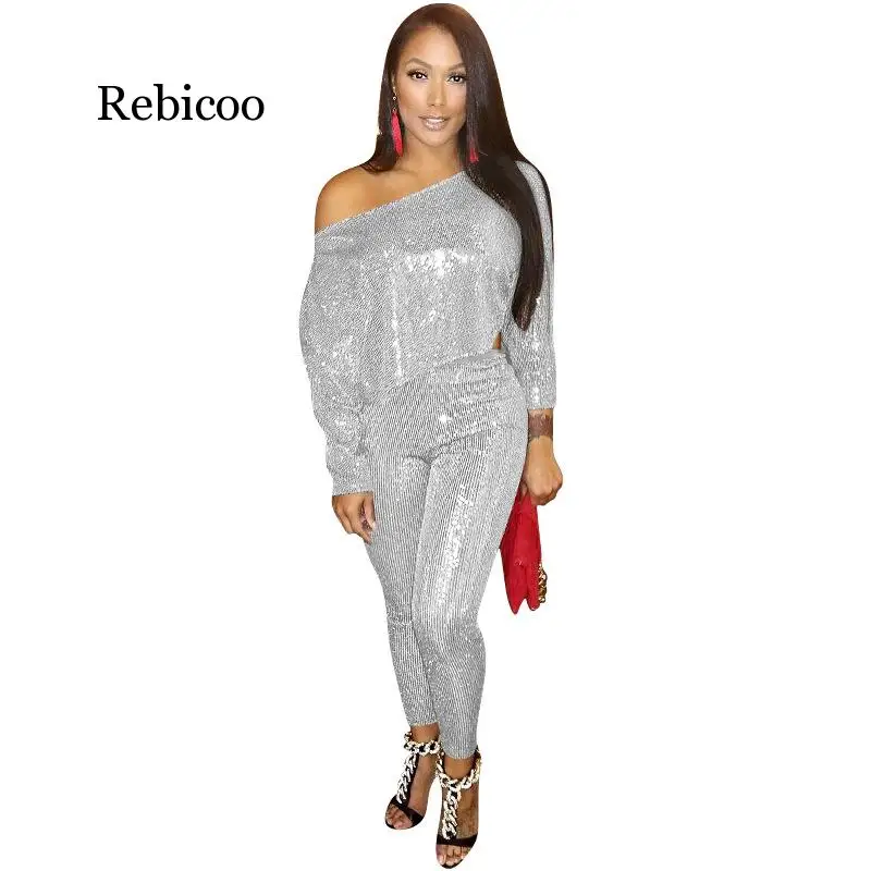 Women Sequin Long Sleeve Shirt & Glitter Shiny Pant Sets