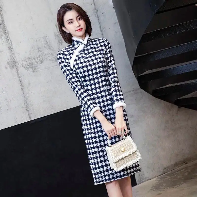 

Autumn Dress Winter New Korean Version Of The Houndstooth Casual Thick Warm High Neck Knitted Bottoming Dress