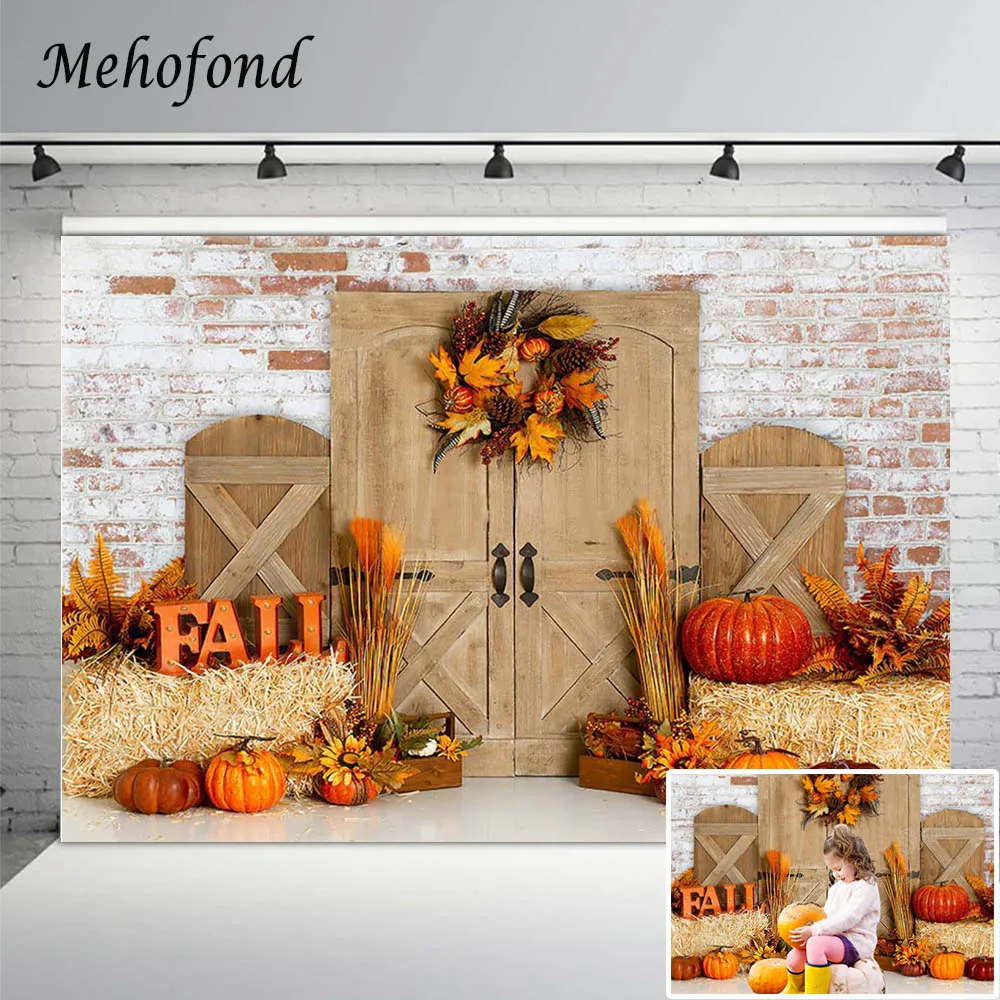 

Fall Pumpkin Haystack Wheat Yellow Leaves Rural Wooden Door Brick Wall Newborn Baby Shower Photography Backdrop Photo Background