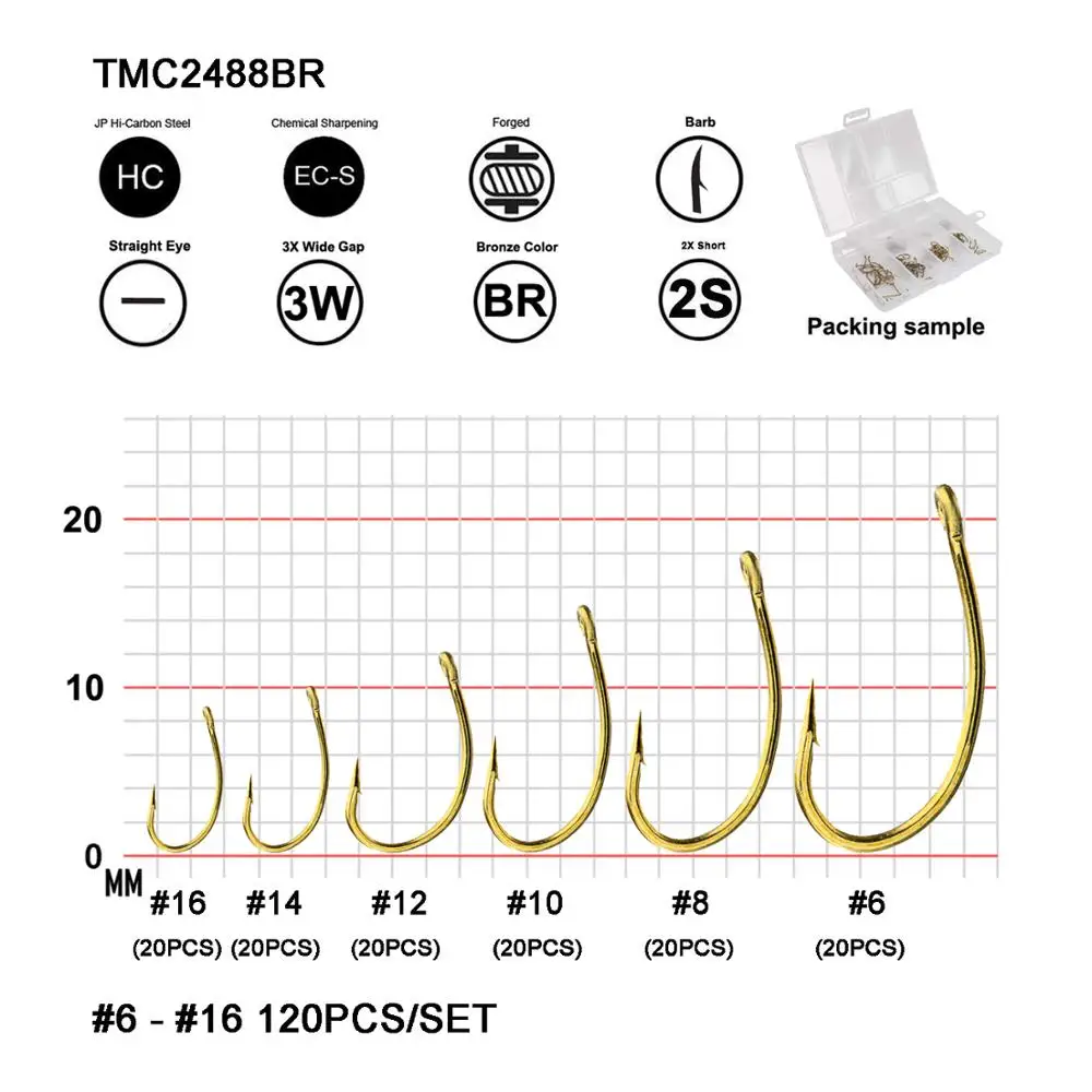 

Eupheng 120pcs Nymph Dry Fly Fishing Hooks Set EP-TMC2488 Barb Hooks Combo Bronze Color Fly Hook With Barb