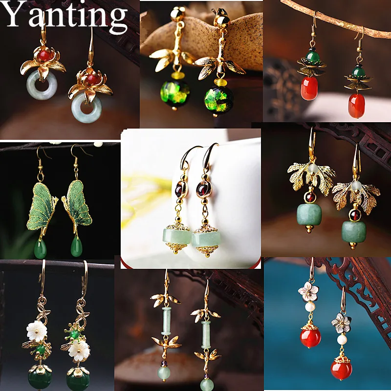 Yanting Luxury Vintage Decor Earrings Women's Ethnic Designer Green Sokolov Earrings With Stones Shell Flower Earring Female