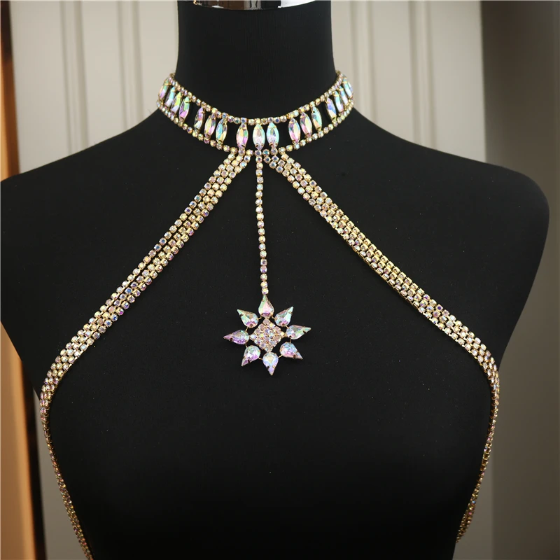 Bling AB color Fashion Sexy Bikini Bra Chest Chain New Luxury Crystal Harness Body Chain Women's Exquisite Jewelry Clothing