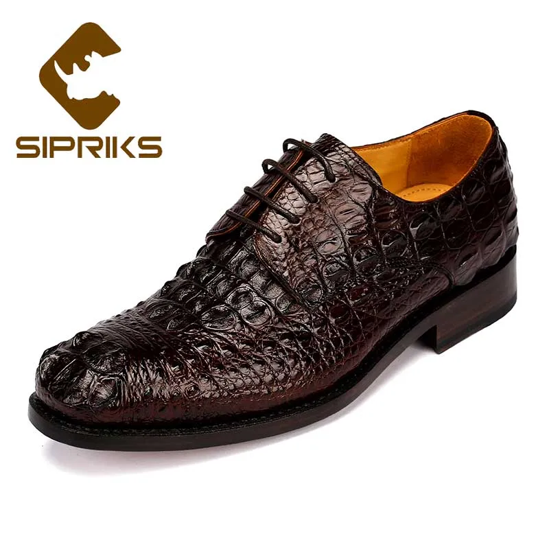 Sipriks Mens Crocodile Skin Leather Shoes Burgundy Lacing Derby Dress Shoes Dark Brown Outdoor Footwear Leather Outsole Shoes 45