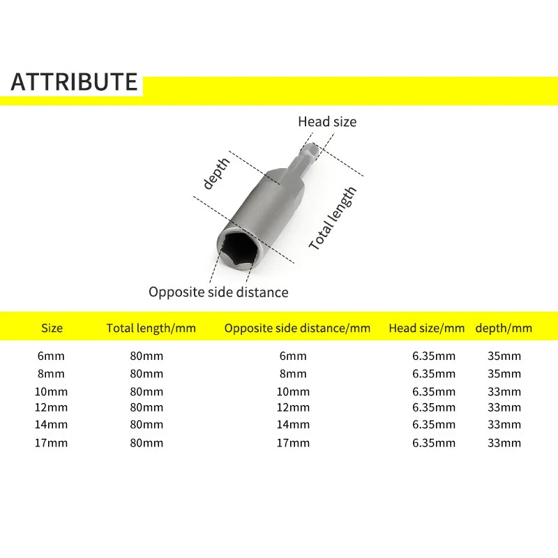 6Pcs 6mm-17mm 80mm Length Extra Deep Bolt Nut Bit Set Metric 1/4 6.35mm Hex Shank Impact Socket Adapter For Power Tools