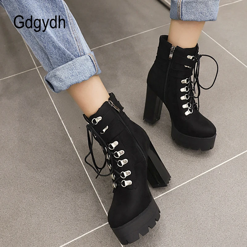 Gdgydh Belt Buckle Ankle Boots High Platform Heels Shoes Cross Tied Office Lady Autumn Boots Street Style Fashion Zip Plus Size