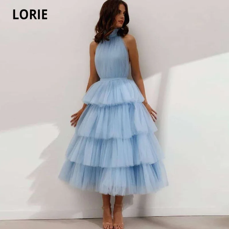 

LORIE Baby Blue Prom Dresses High Neck Tiered Tulle Tea Length Backless Summer Arabic Wedding Party Gown Graduation Dress 2021