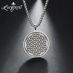 LIKGREAT Flower of Life Stainless Steel Round Pendant Chain Necklace Jewelry for Men Silver Color Statement Choker Women Gifts