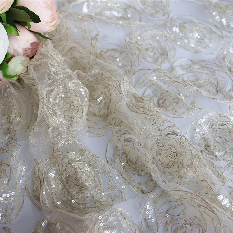 Rose Flower Sequin Embroidery 3D Lace Fabric, Wedding Dress, Dress Sewing Accessories, RS3091