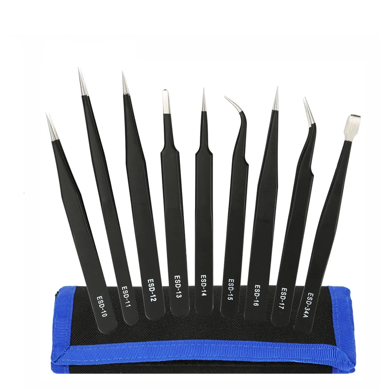 

1/2/9Pcs Stainless Steel Tweezers Anti-static ESD Tweezer Tools Industrial Precision Curved Straight Tweezers Set