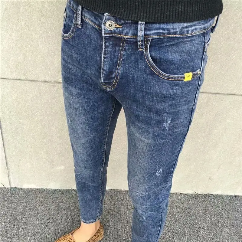 

Wholesale 2021Slim-fit denim trousers small feet men's fashion handsome social spirit guy blue all-match cropped pencil trousers