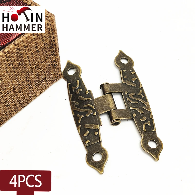 4pcs H shape Hinges Debossed 4 Holes  Antique Vintage Furniture Cabinet Jewelry Luggage Hinges with screws 65*36mm