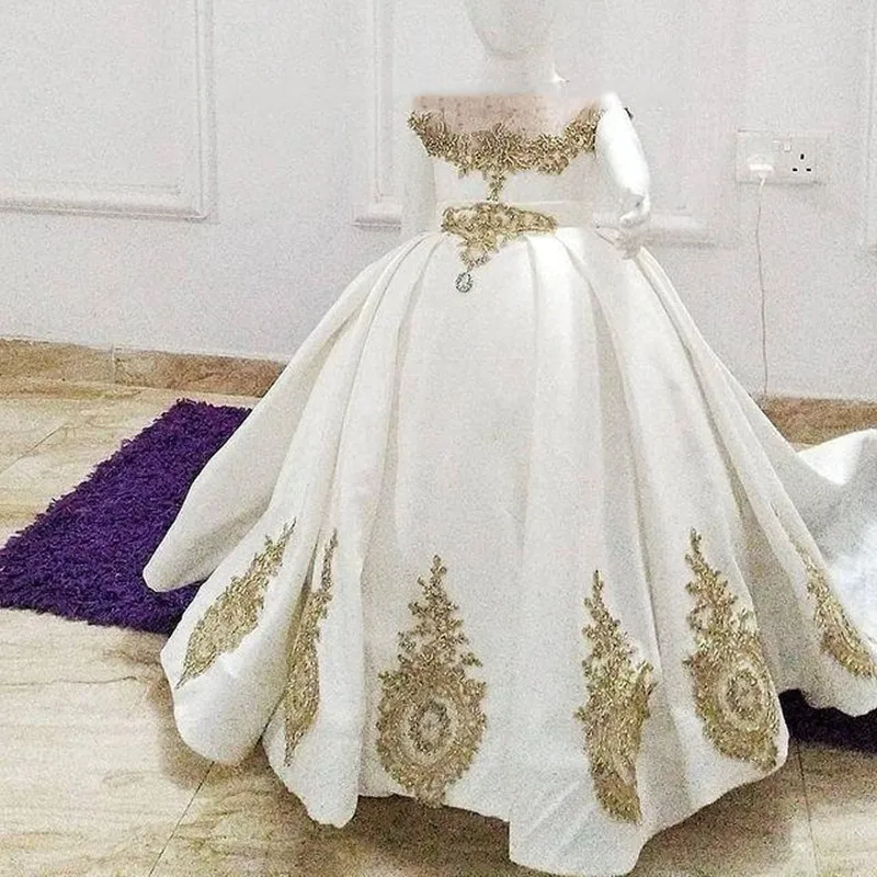 Robe de mariée en dentelle dorée pour filles, col transparent, motif floral, en Satin, pour fête d'anniversaire pour enfants, robes formelles de célébrités