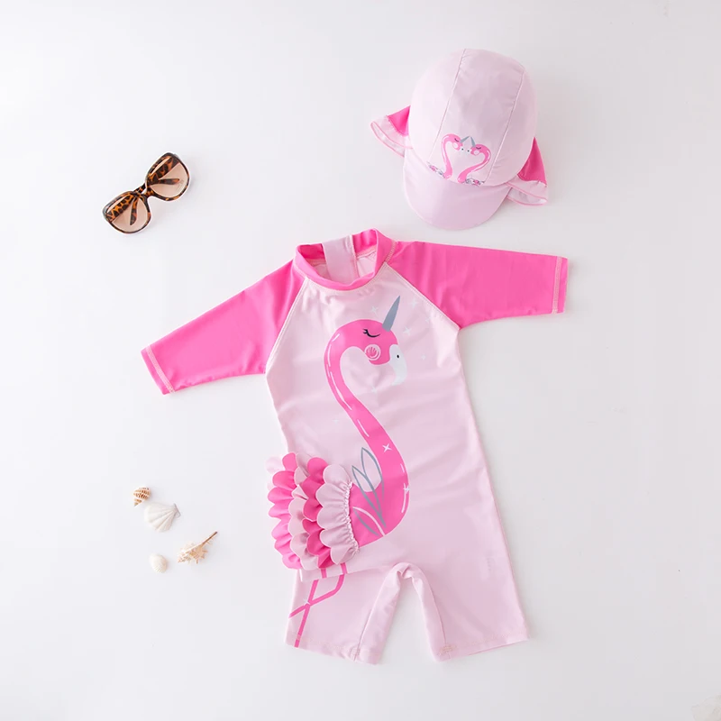 Baby Swimwear Flamingo Unicorn Swimsuit for Girls UPF50 Anti UV Bathing Suit for Girl One Piece Toddler Rashguard with Sleeves