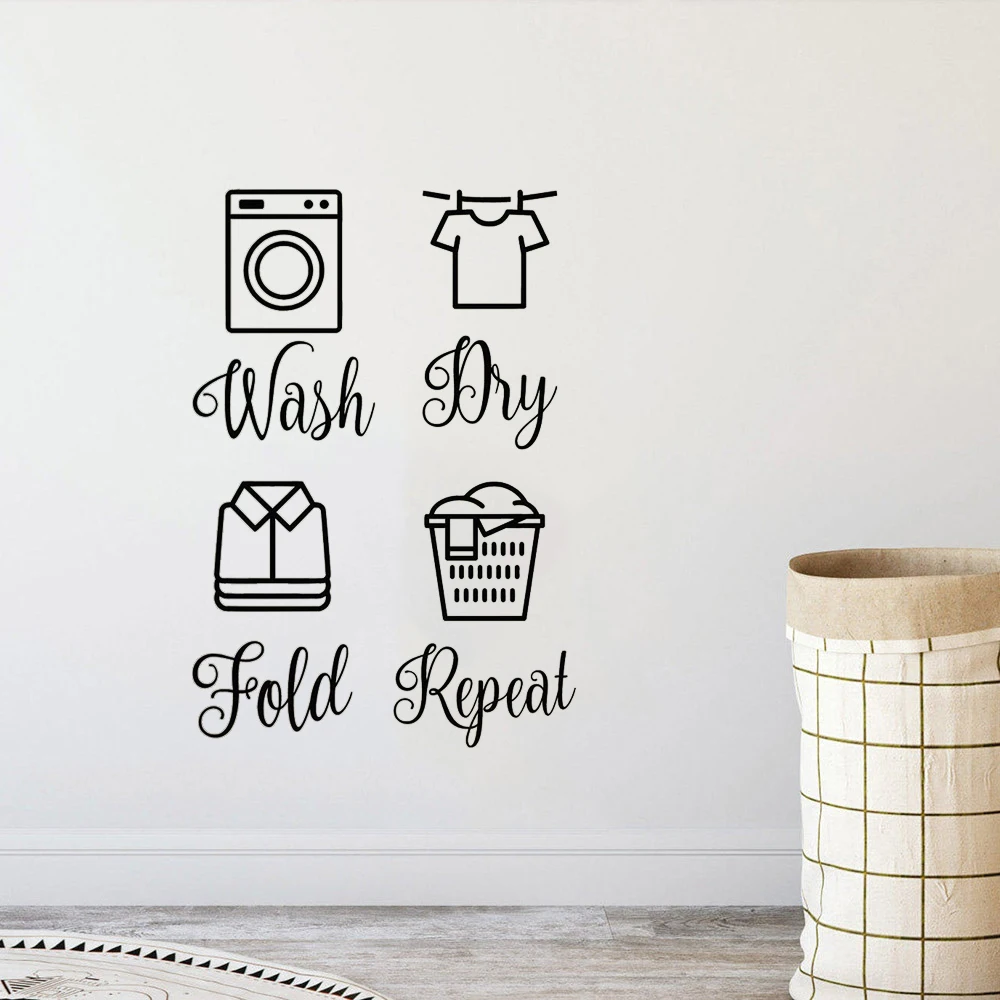 Wash Dry Fold Repeat Vinyl Decals  Laundry Room 5 inch Tall Set  Vinyl Wall Quote Sticker