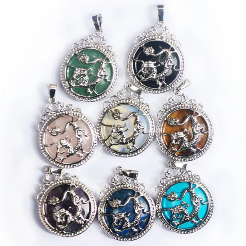 

Whoelsale 10 Pcs Silver Plated Chinese Dragon Many Colors Quartz Stone Round Pendant for Gift Vintage Jewelry