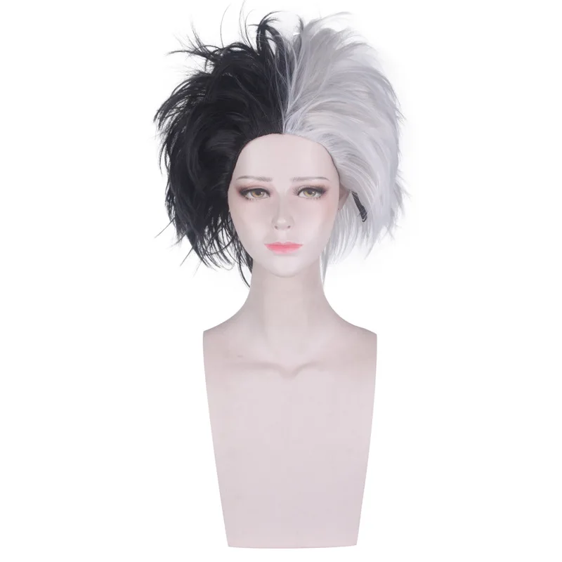 Cruella de Vil Wigs Women Black White Mix Fluffy Synthetic Cosplay Wigs Heat Resistant Costume Wigs + Wig cap image 3