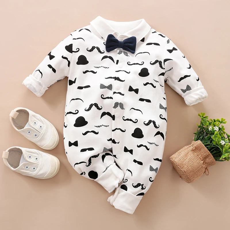 PatPat New Arrival Autumn and Winter Moustache Pattern Long-sleeve Bow Tie Jumpsuit for Baby Boys Clothes