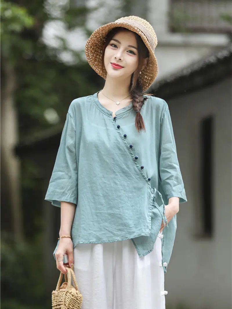 Summer new national style button top cotton linen retro Chinese ramie short sleeve shirt women sun proof blouse