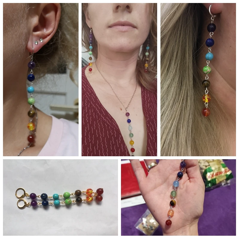 Rainbow Round Natural Stone Earrings 7 Chakra Earrings Women Long Fringed Statement Beads Earring Reiki Healing Jewelry Gifts