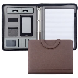 A4 Document Folder Organizer PU Leather Zipper Ring Binder Conference Bag Business Briefcase Padfolio Portfolio with Handle