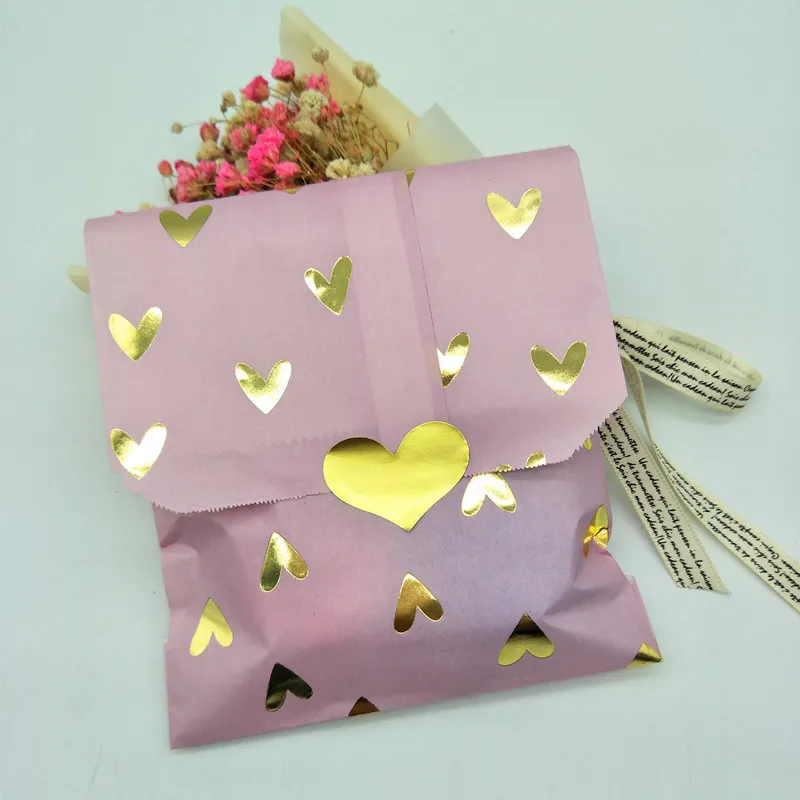 

25pcs Food Goody Paper Bags Violet/Blush Pink with Foil Gold Heart for Wedding Birthday Baby Shower Party Candy Packaging Favor