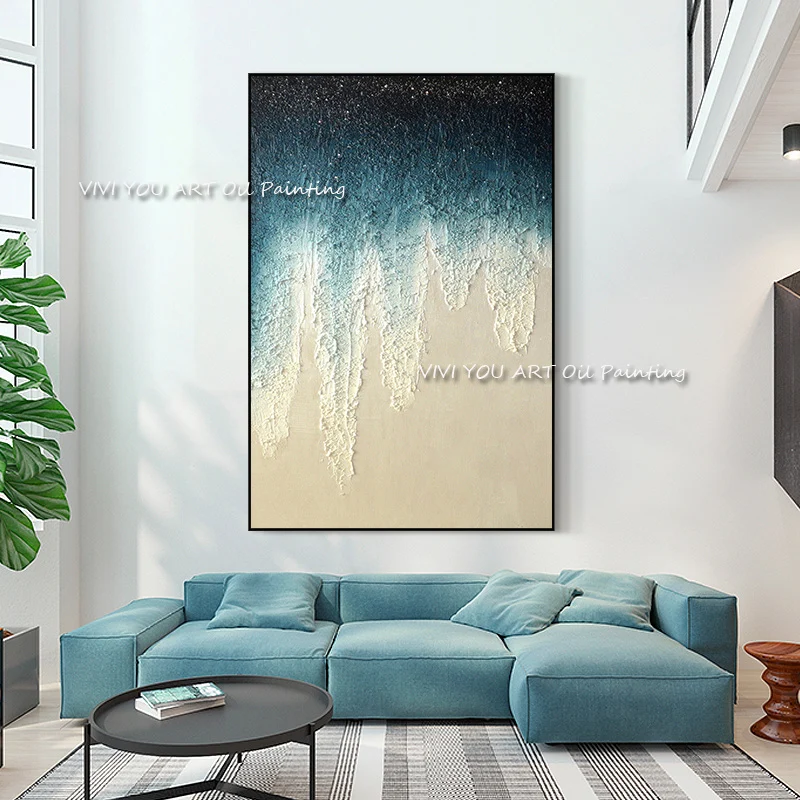 The Hot Sales Blue Water Abstract Modern Handmade Thick Oil Painting Handpainted Textured Brush Wall Art Sea Waves Home Decor