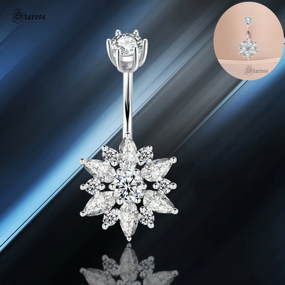 Hollowed Snowflake 925 Sterling Silver Belly Button Piercing Jewelry Sexy Woman Street Beach Zircon Navel Rings Curved Barbell