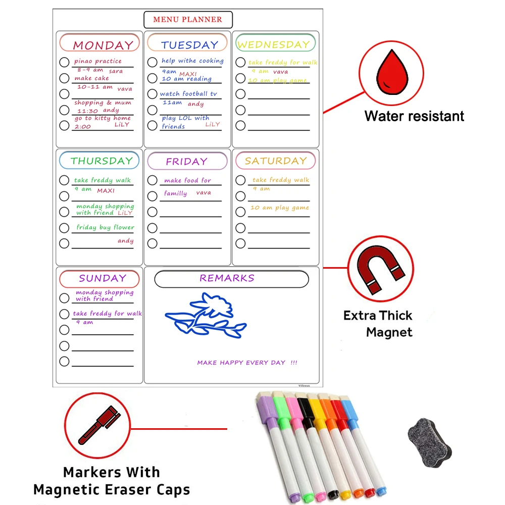Magnetic Weekly Planner Whiteboard Fridge Cupboard Office Dry Erase Calendar Family Meal Planner Memo Board Shopping List