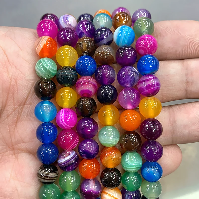 Natural Stone Mixed Color Stripe Agates Round Beads Diy Bracelet Necklace Pendants for Jewelry Making 15\