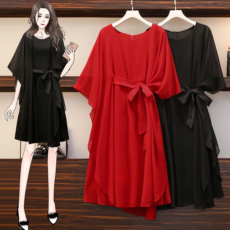 

EHQAXIN Women Solid Color Elegant Chiffon Dress Summer 2021 Korean Fashion Cape Sleeve Loose Ladies Asymmetric Dresses