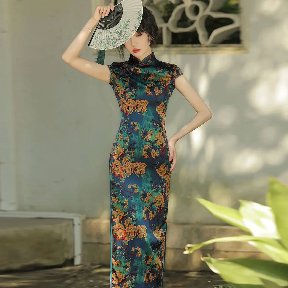 Kadın yaz Cheongsam Retro çin tarzı Vintage evaze elbise ince zarif Qipao oryantal parti elbise S XXL