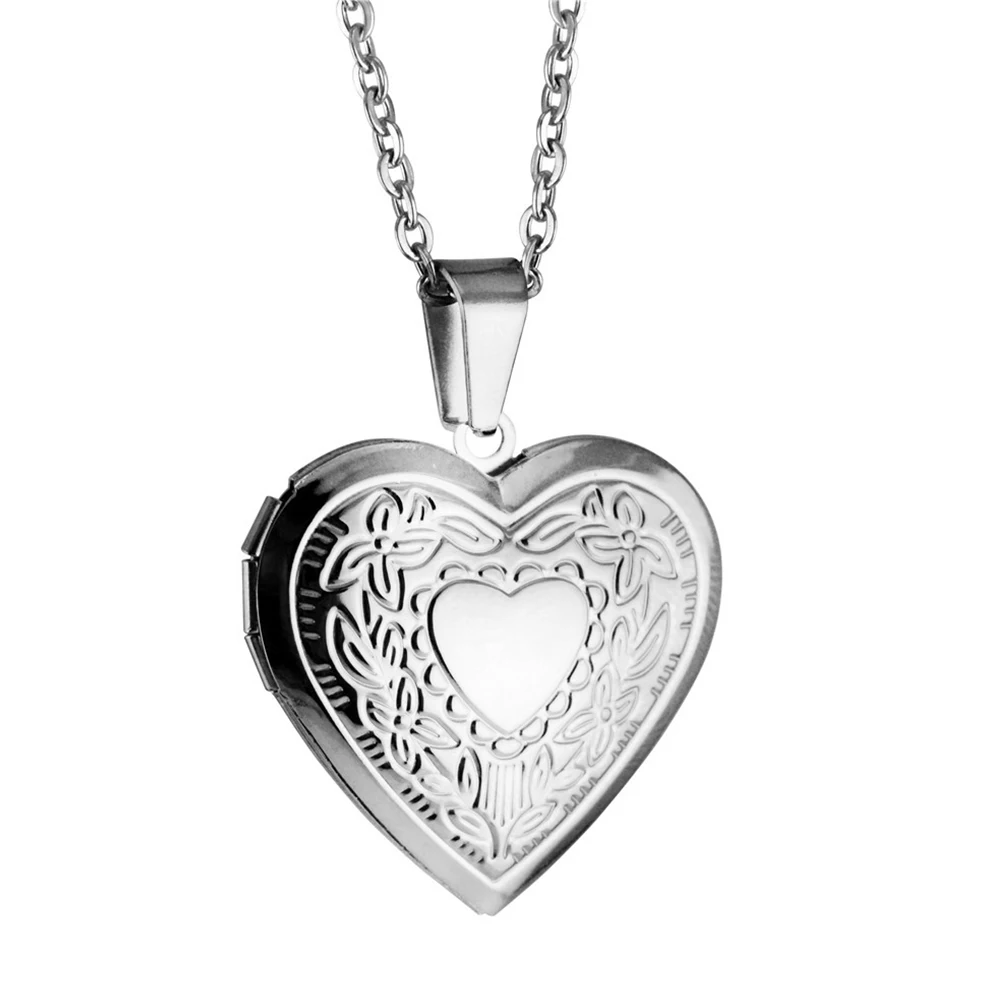 Romantic Love Heart Locket Pendant Necklaces For Women Silver Color Stainless Steel Photo Frame Promise Jewelry Chokers Gift