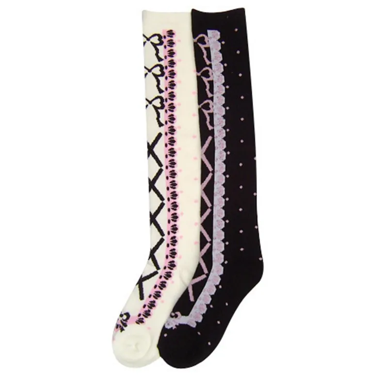 lolita tube socks beautiful big lace lace black and white female Lolita socks japanese Sweet printing student gothic lolita