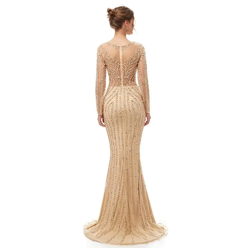 2021 Luxury Mermaid Sequins เซ็กซี่ชุด Sparkly Prom Party Dresses ดูไบแสดงแขนยาว Sheer Bodice ชุดราตรี016