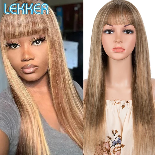 Peluca de cabello humano recto Lekker Highlight Brown Blonde 613 con flequillo de aire para mujeres pelucas sin cola de color brasileño Remy