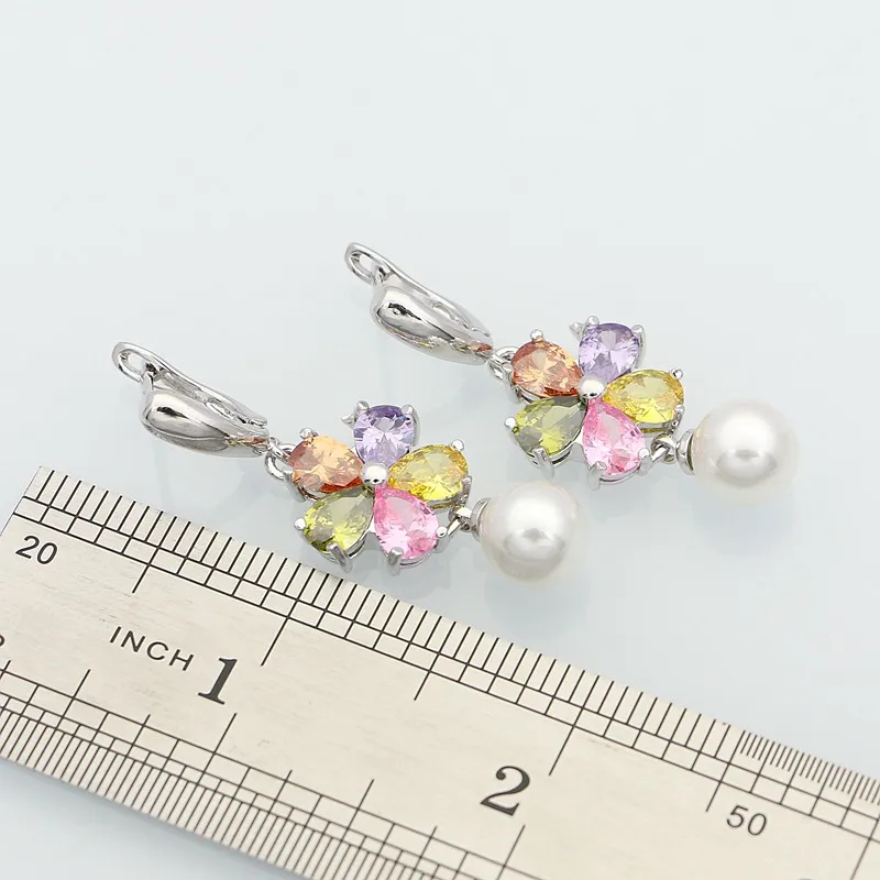 925 Sterling Silver Jewelry Multicolor Cubic Zirconia White Pearls Jewelry Sets For Women Necklace/Earring/Bracelet/Pendant/Ring view 4