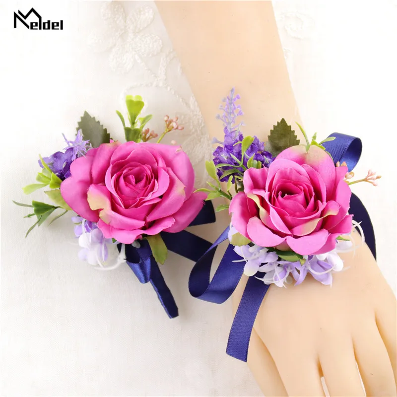 Meldel Seide Rosen Bräutigam Bouton Mann Anzug Pin Corsage Brautjungfern Handgelenk Armband Hochzeit Künstliche Blumen Party Dekoration