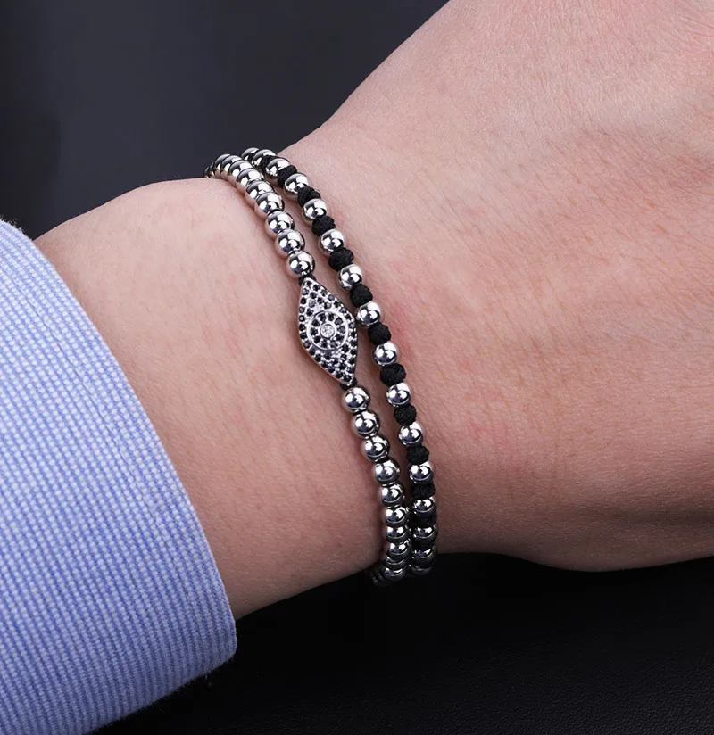 High Quality New Fashion Stainless Steel Beads CZ Pave Cute Eye Charm Braided Macrame Bracelet Women Men