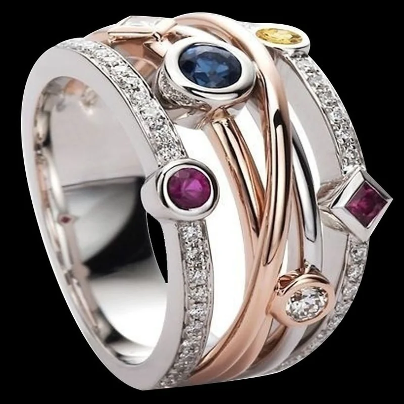 Exquisite 925 Sterling Silver Lady Cross Two Color 18K Rose Gold Gem Fashion Sapphire Amethyst Diamond Ring size 5-11