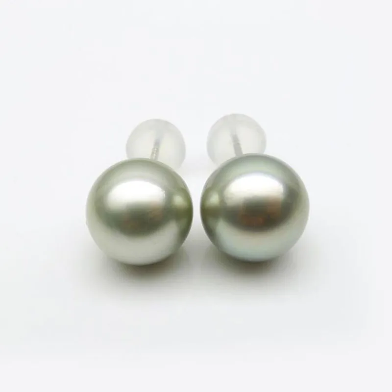 Free Shipping 18K White Gold Round Light Green Tahitian Cultured Pearl Earrings 9.5-10mm