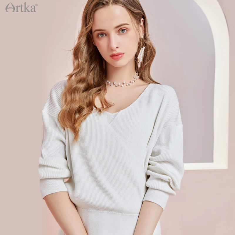 

ARTKA 2025 весенний новый женский трикотаж, элегантный 2 цвета, шерстяной свитер с v-образным вырезом, мягкие свободные белые вязаные свитера для женщин YB28007D